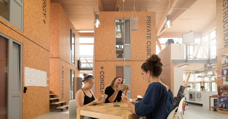Drei junge Studentinnen spielen Karten im Wohnprojekt Cubity